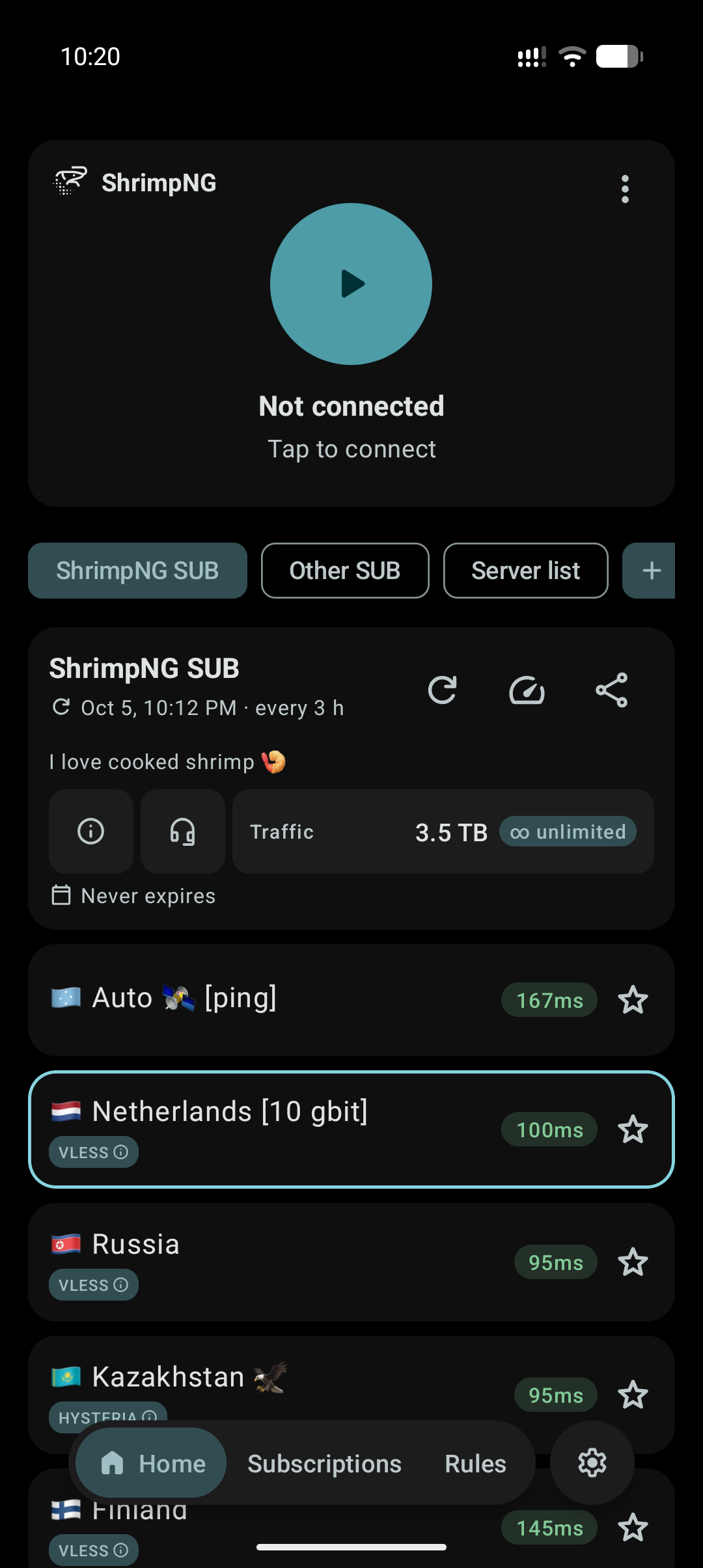 ShrimpNG home screen, dark theme
